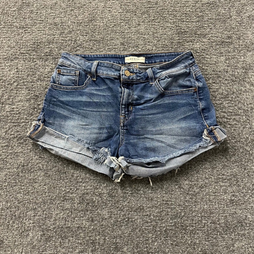 Guess Denim Shorts Womens Size 27 Blue Distressed Raw Hem Cut Off Stretch Casual